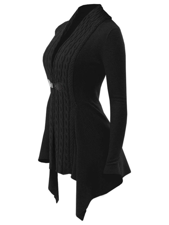 Schwarzer Damen-Strickcardigan mit asymmetrischem Saum und Gürtel, elegantes Design, langärmlig, ideal für Herbstmode und stilvolle Outfits.