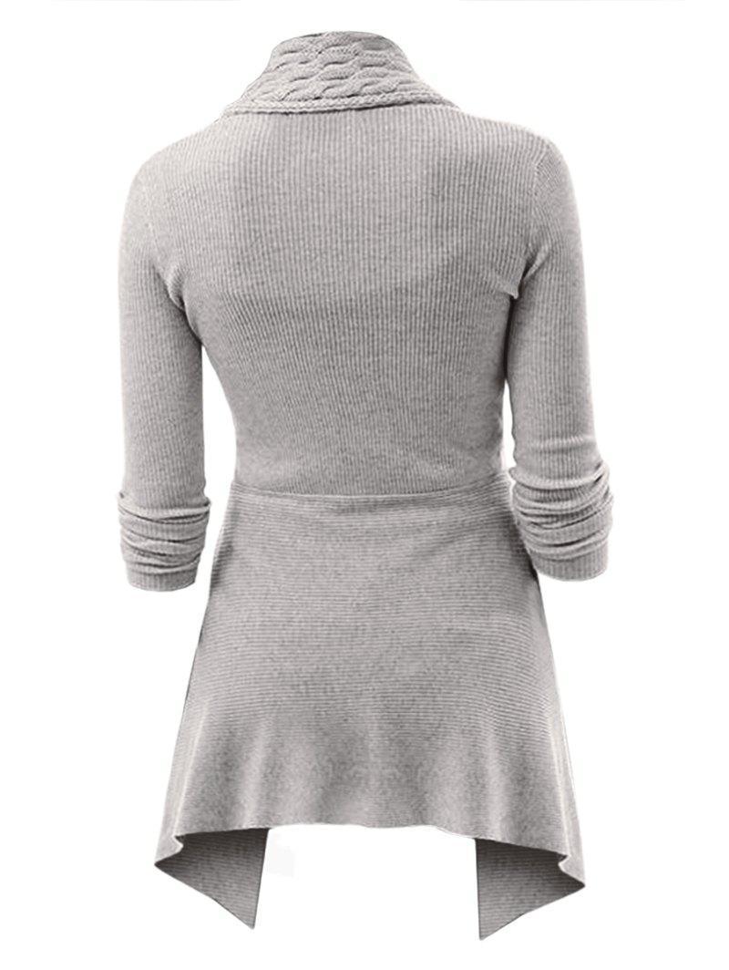 Grauer Damen-Strickcardigan mit Wasserfall-Saum, langen Ärmeln und geripptem Design. Modischer, bequemer Cardigan für Herbst und Winter.