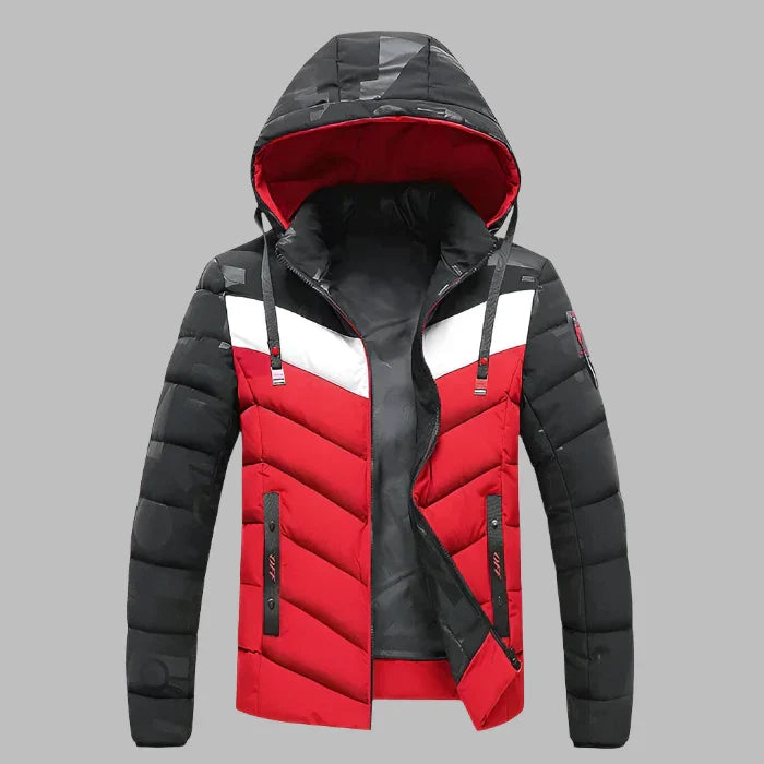 Rote und schwarze Winterjacke mit Kapuze, Reißverschlüssen und weißen Streifen, ideal für Herrenmode, Outdoor-Aktivitäten und kaltes Wetter.