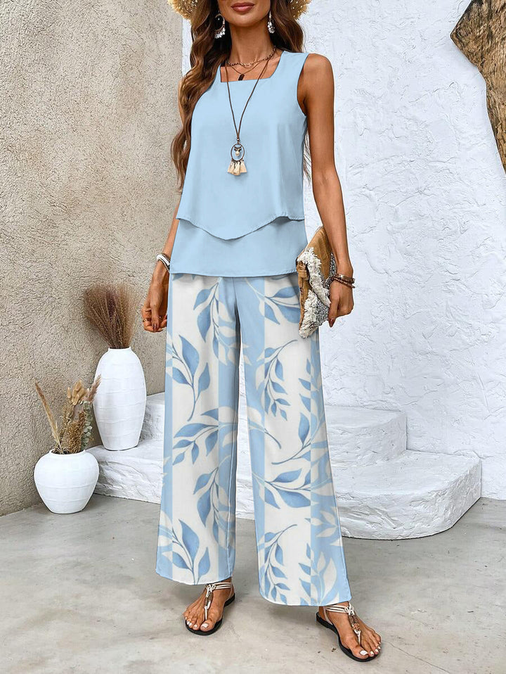 Ela Set | Zweiteiler mit Ärmellosem Top und Weiter Palazzo Hose mit Blättermuster