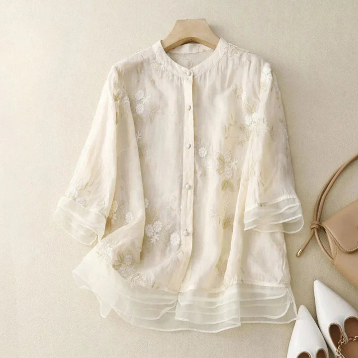 Olivia Stickerei Bluse | Festliche Damen Tunika mit Stehkragen