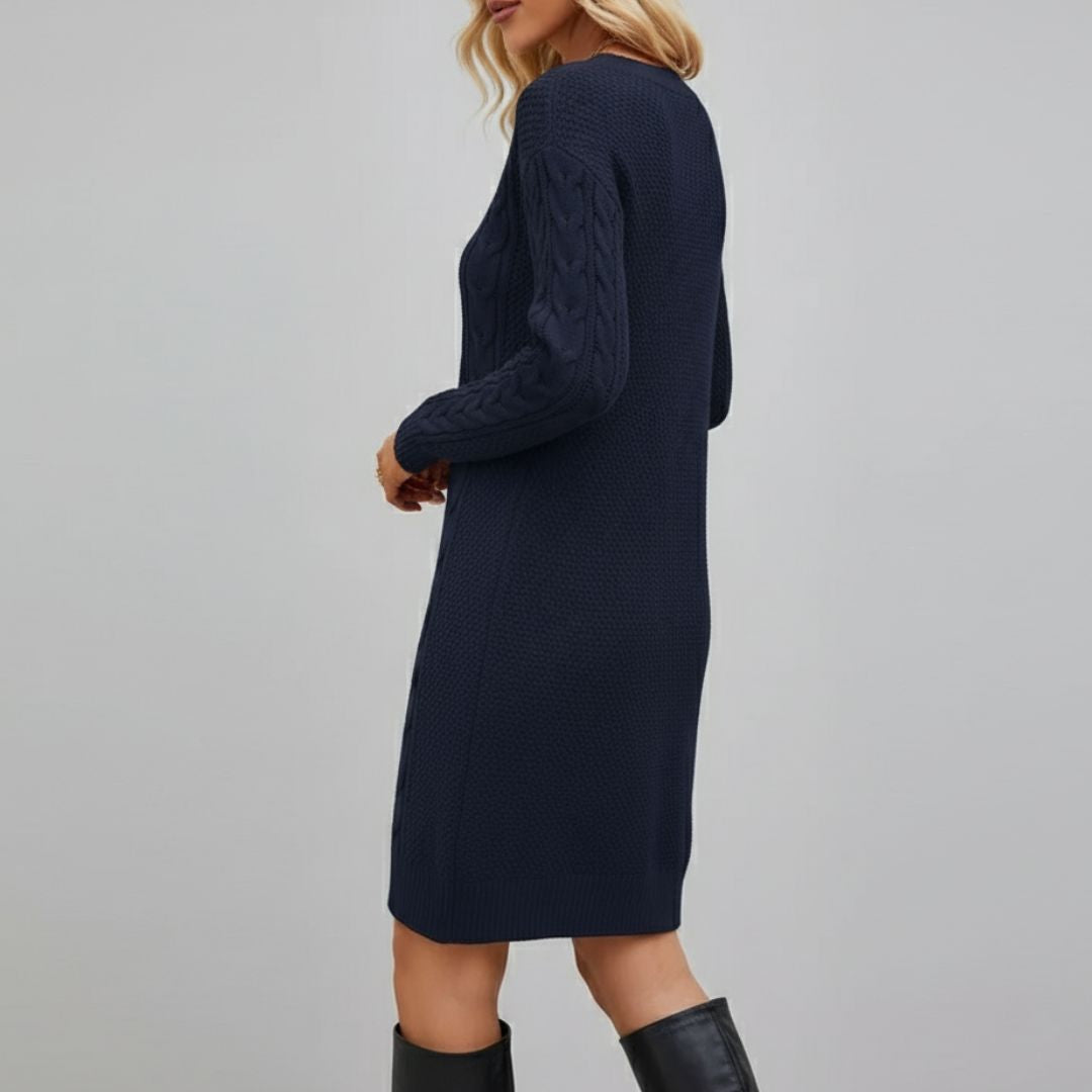 Strickkleid mit Zopfmuster & V-Ausschnitt für Damen - Langarm Pulloverkleid Mini - Casual für Herbst/Winter
