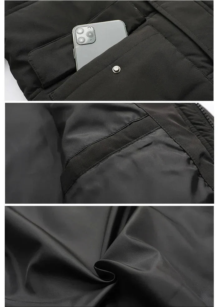 Schwarze Winterjacke mit Smartphone-Tasche, Reißverschluss und wasserabweisendem Material. Ideal für Outdoor-Aktivitäten und kaltes Wetter.