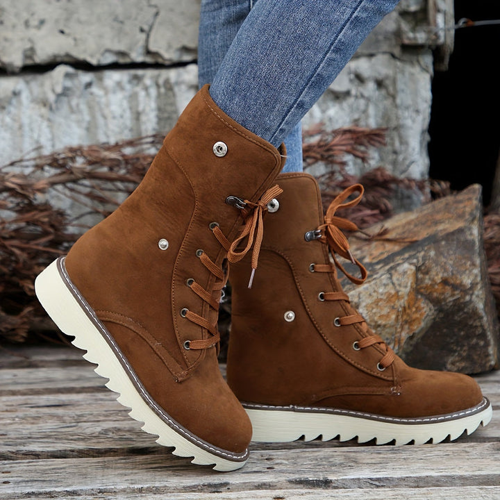 Winterstiefel für Damen - Flanell gefütterte Schnürstiefel mit Plateau & Warmfutter