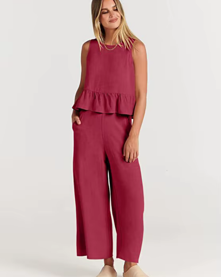 Zweiteiler für Damen - Elegante Peplum Top mit weiter Hose für Sommer