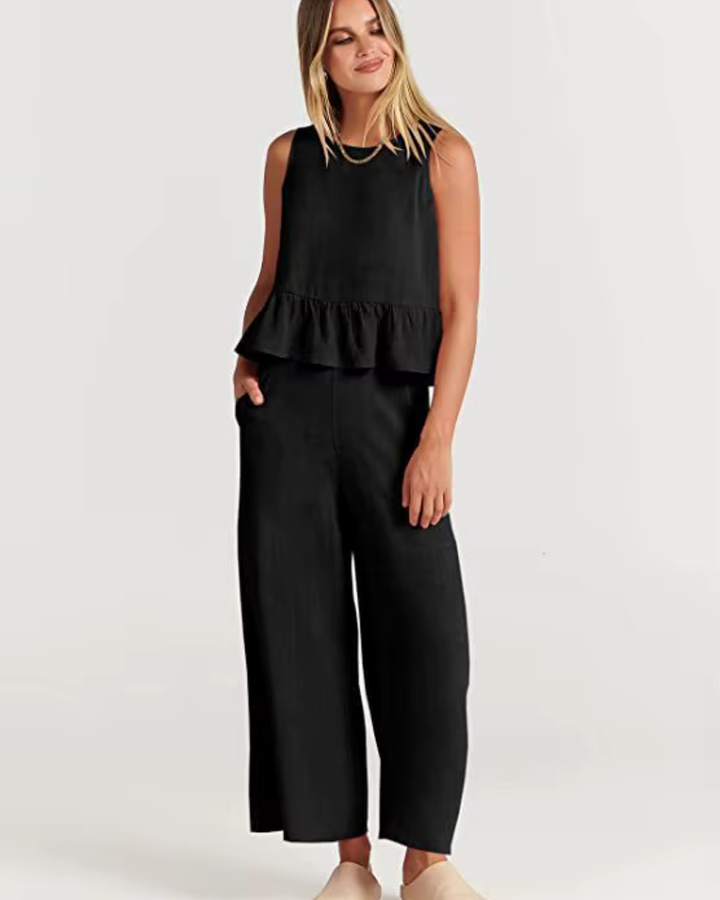 Zweiteiler für Damen - Elegante Peplum Top mit weiter Hose für Sommer