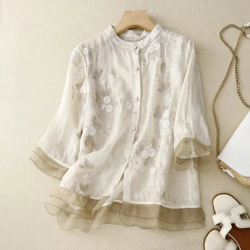 Olivia Stickerei Bluse | Festliche Damen Tunika mit Stehkragen