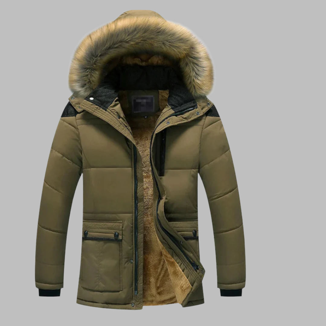 Braune Winterjacke mit Kapuze und Kunstfellbesatz, warm gefüttert, Reißverschluss, Taschen, ideal für kaltes Wetter, Herrenmode, Outdoor-Bekleidung.