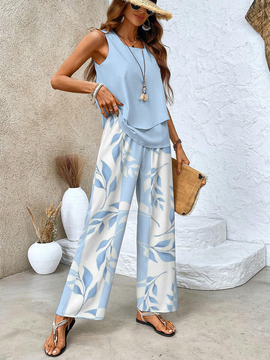 Ela Set | Zweiteiler mit Ärmellosem Top und Weiter Palazzo Hose mit Blättermuster