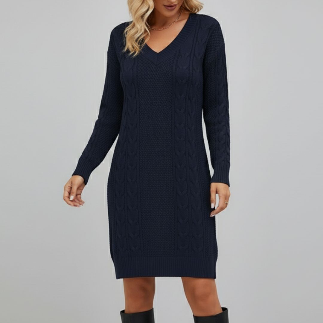 Strickkleid mit Zopfmuster & V-Ausschnitt für Damen - Langarm Pulloverkleid Mini - Casual für Herbst/Winter