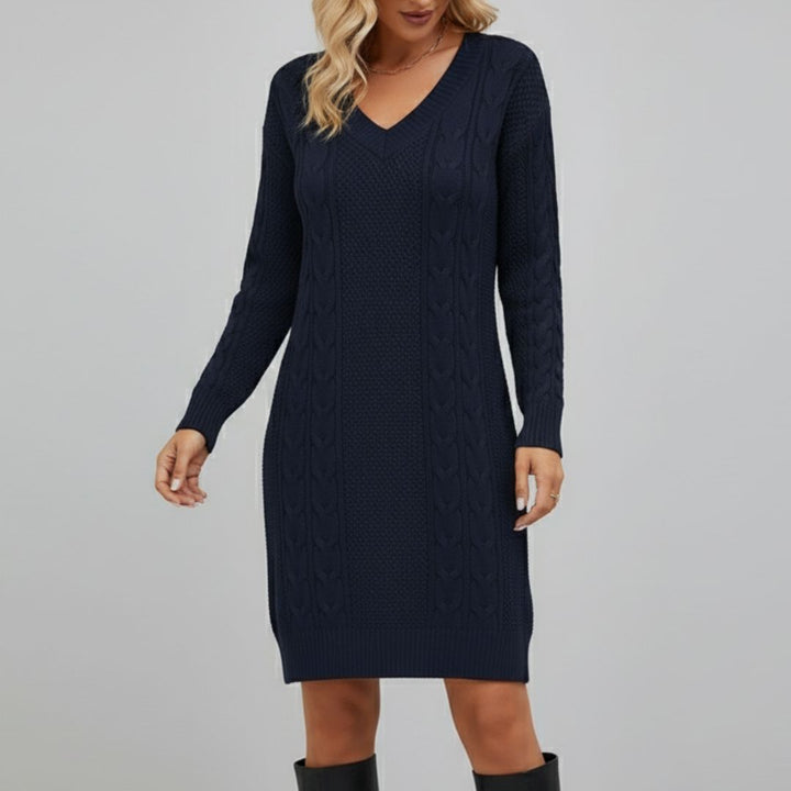 Strickkleid mit Zopfmuster & V-Ausschnitt für Damen - Langarm Pulloverkleid Mini - Casual für Herbst/Winter