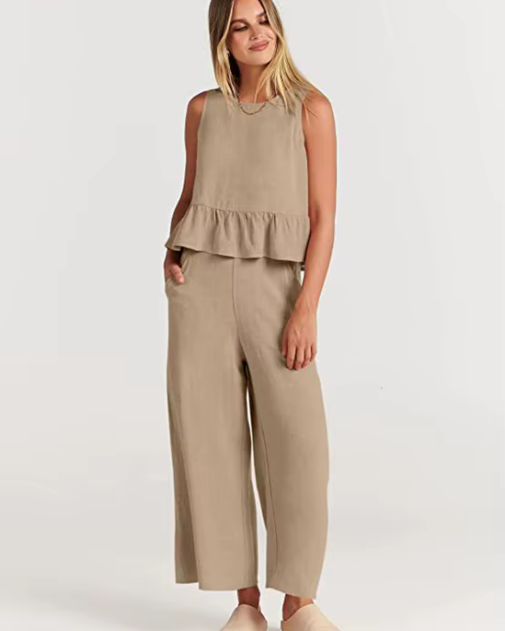 Zweiteiler für Damen - Elegante Peplum Top mit weiter Hose für Sommer