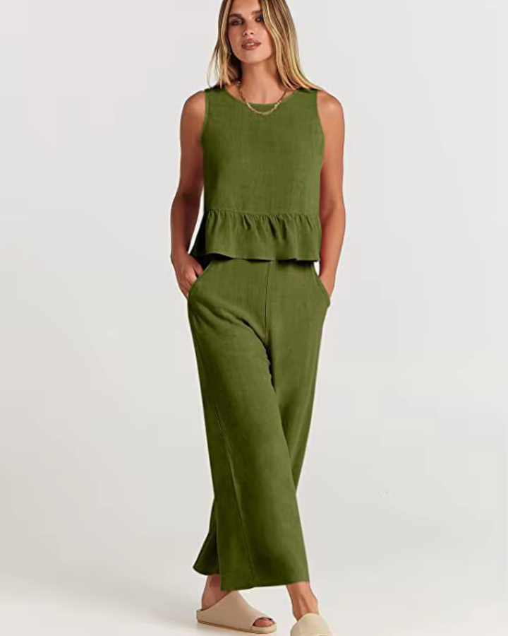 Zweiteiler für Damen - Elegante Peplum Top mit weiter Hose für Sommer