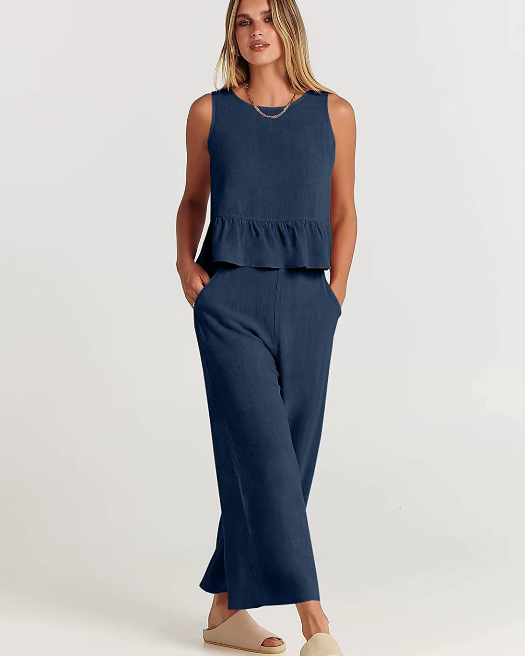 Zweiteiler für Damen - Elegante Peplum Top mit weiter Hose für Sommer