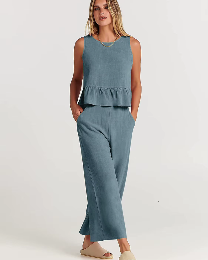 Zweiteiler für Damen - Elegante Peplum Top mit weiter Hose für Sommer