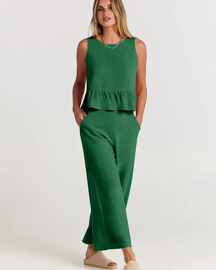 Zweiteiler für Damen - Elegante Peplum Top mit weiter Hose für Sommer