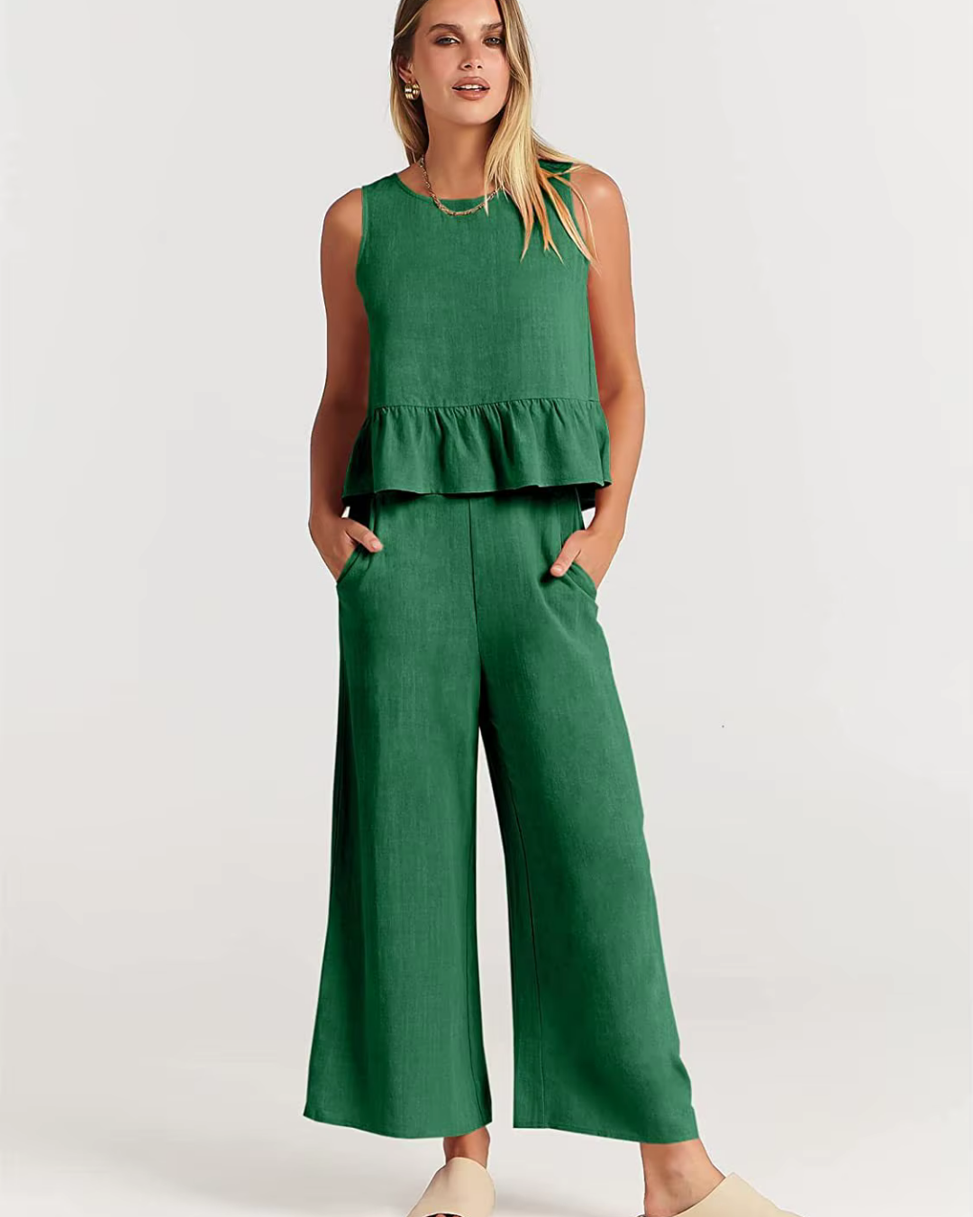 Zweiteiler für Damen - Elegante Peplum Top mit weiter Hose für Sommer