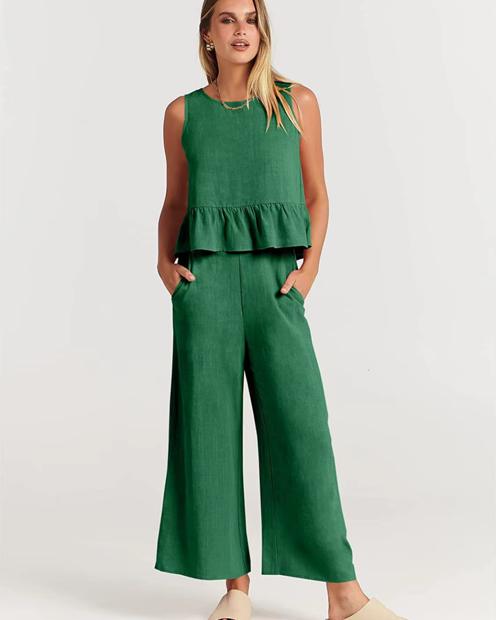 Zweiteiler für Damen - Elegante Peplum Top mit weiter Hose für Sommer
