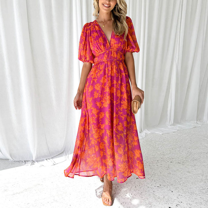 Sommerkleid - Geblümtes Midikleid mit V-Ausschnitt und Puffärmeln