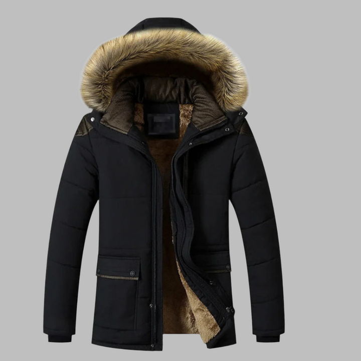 Schwarze Winterjacke mit Kunstfellkapuze, warm gefüttert, ideal für kalte Temperaturen. Modische Herrenjacke, funktional und stilvoll.