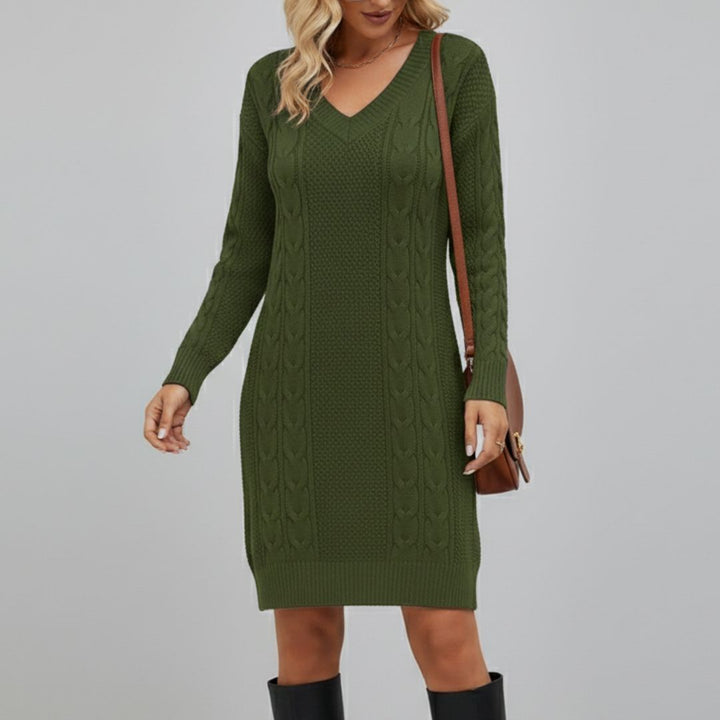 Strickkleid mit Zopfmuster & V-Ausschnitt für Damen - Langarm Pulloverkleid Mini - Casual für Herbst/Winter