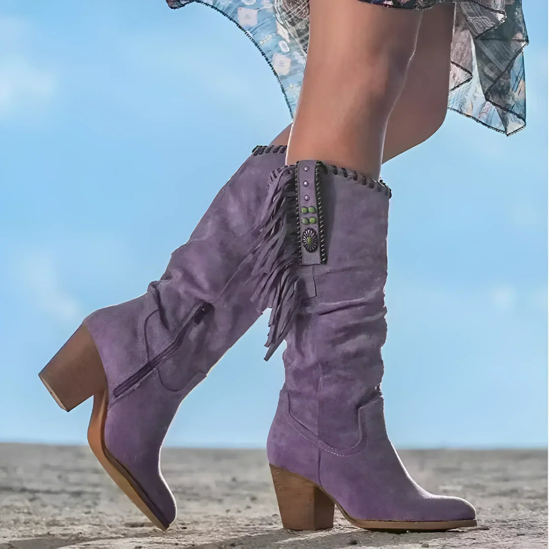 Cowboy Stiefel für Damen - Boho-Style Wildleder Stiefel mit Fransen