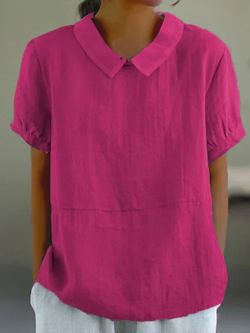 Damen Leinen Bluse Hellblau | Kurzarm Shirt mit Bubikragen