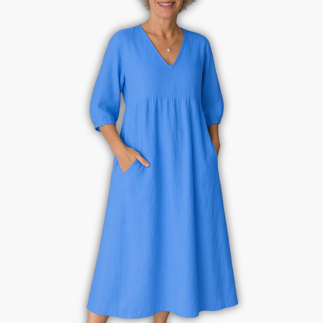 Sommerkleid für Damen - Baumwoll Maxikleid mit 3/4 Puffärmel