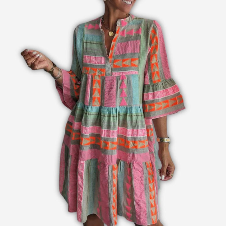 Olivia Boho Kleid | Lockeres Tunika-Kleid mit buntem Ethno-Muster
