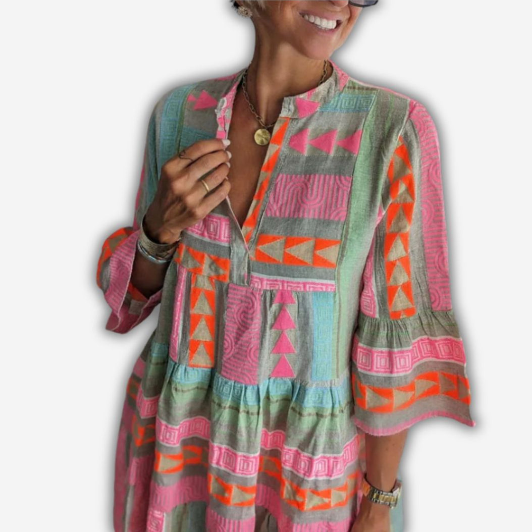 Olivia Boho Kleid | Lockeres Tunika-Kleid mit buntem Ethno-Muster