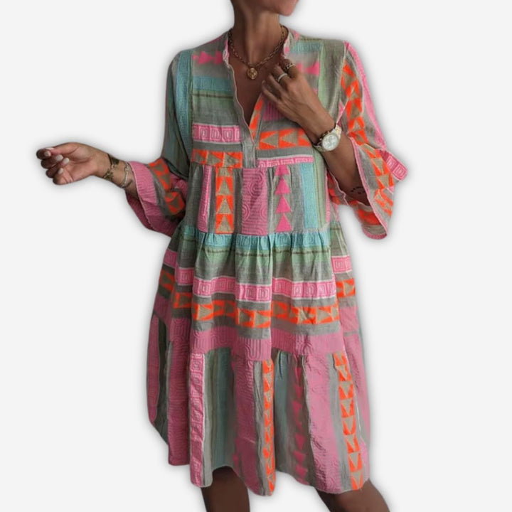 Olivia Boho Kleid | Lockeres Tunika-Kleid mit buntem Ethno-Muster