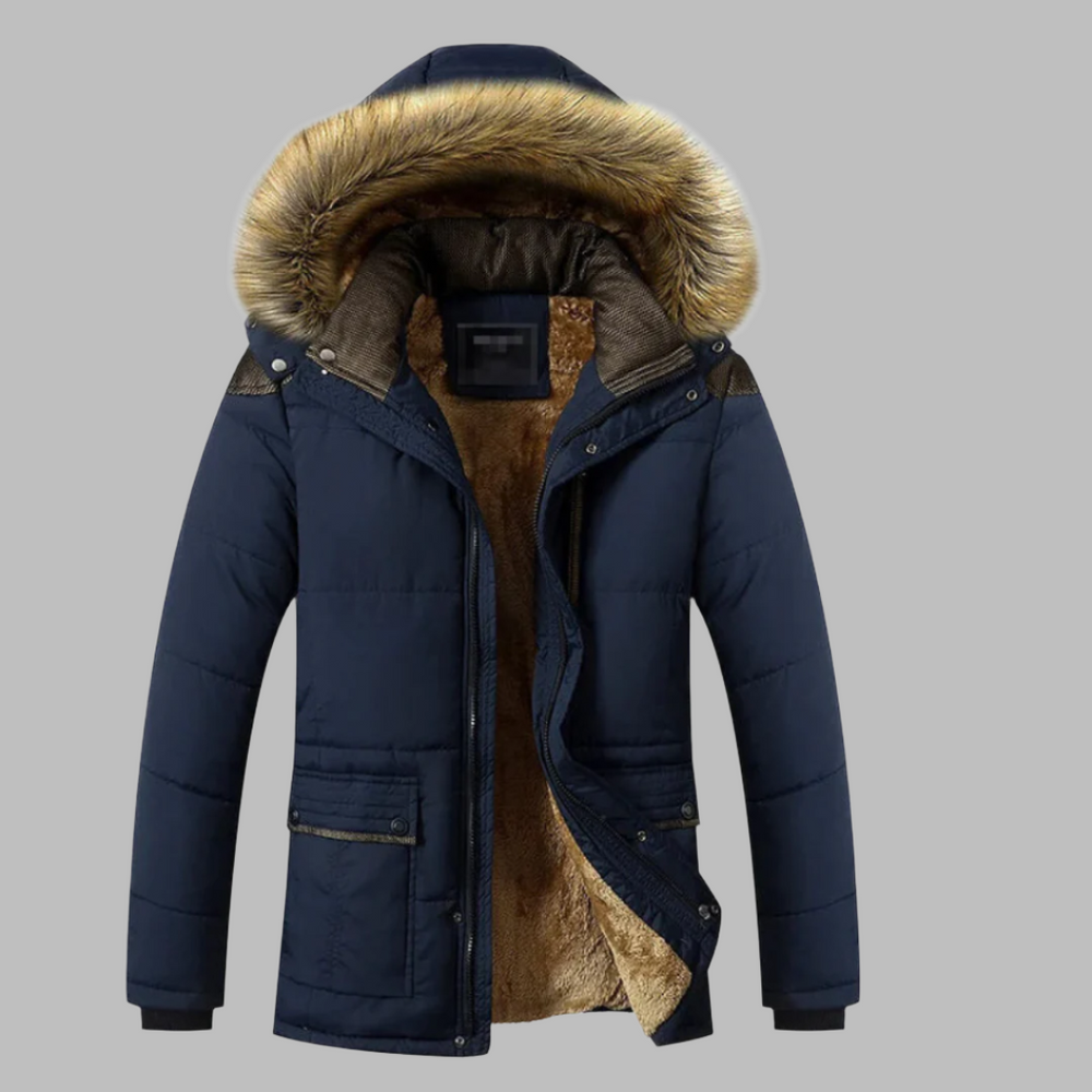Dunkelblaue Winterjacke mit Kapuze und Kunstfellfutter, warm gefüttert, ideal für kalte Temperaturen, modisch und funktional.