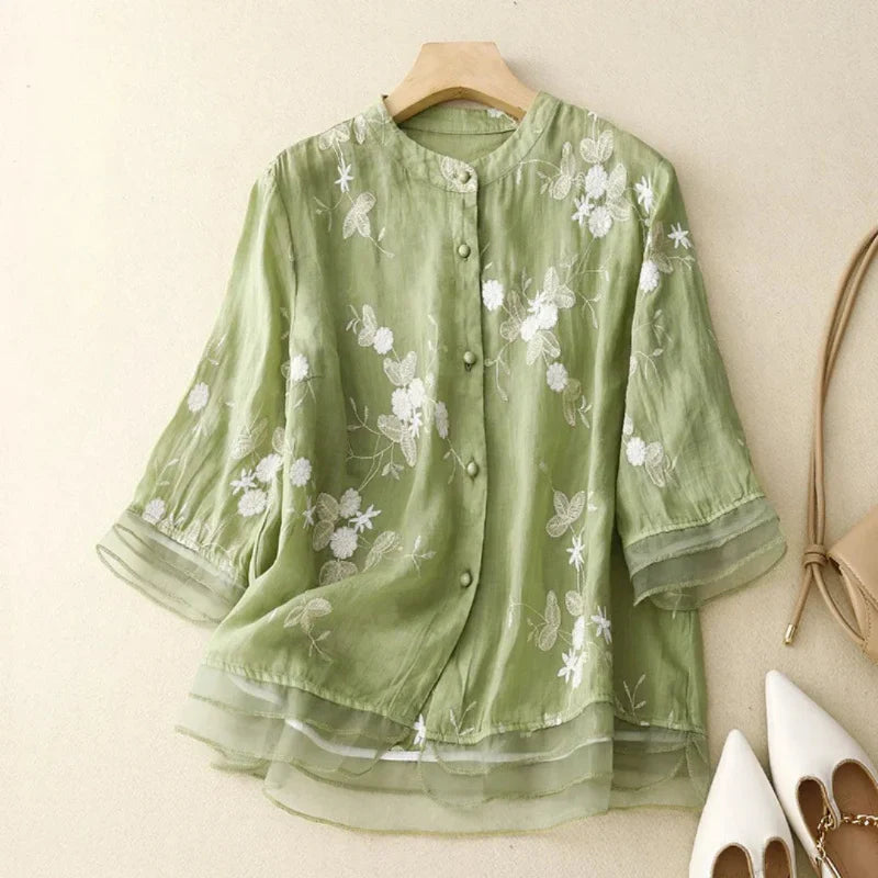 Olivia Stickerei Bluse | Festliche Damen Tunika mit Stehkragen