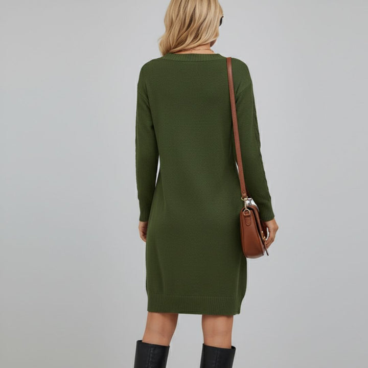 Strickkleid mit Zopfmuster & V-Ausschnitt für Damen - Langarm Pulloverkleid Mini - Casual für Herbst/Winter