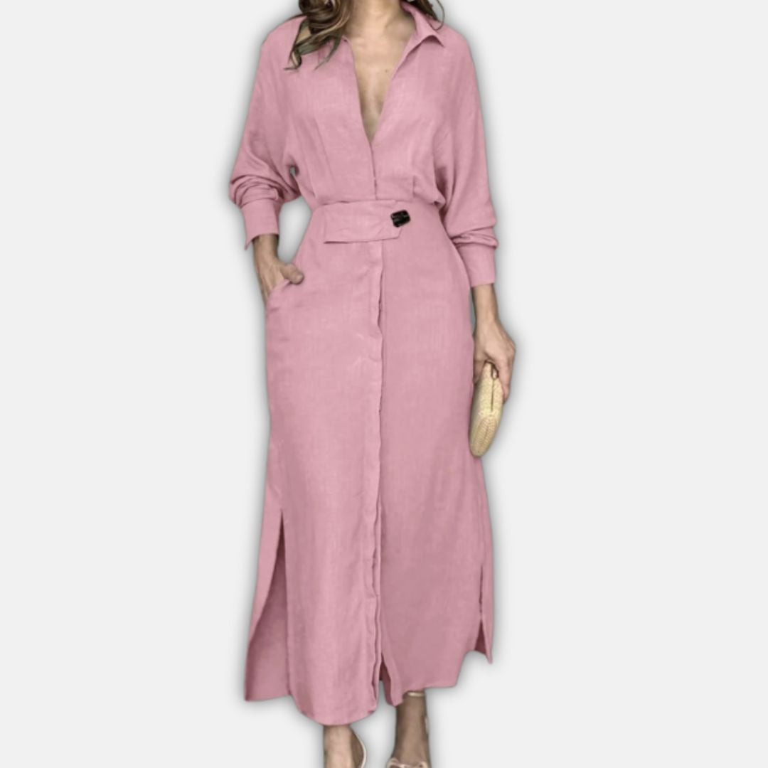 Hemdblusenkleid für Damen - Elegante Maxikleid mit Gürtel für Sommer