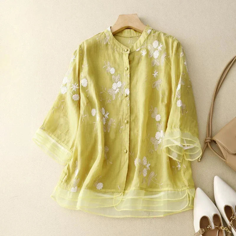 Olivia Stickerei Bluse | Festliche Damen Tunika mit Stehkragen