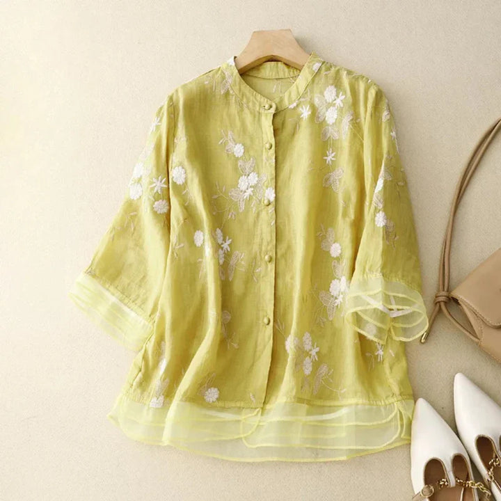 Olivia Stickerei Bluse | Festliche Damen Tunika mit Stehkragen
