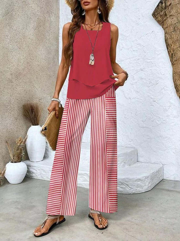 Ela Set | Zweiteiler mit Ärmellosem Top und Weiter Palazzo Hose mit Blättermuster