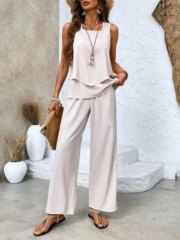 Ela Set | Zweiteiler mit Ärmellosem Top und Weiter Palazzo Hose mit Blättermuster