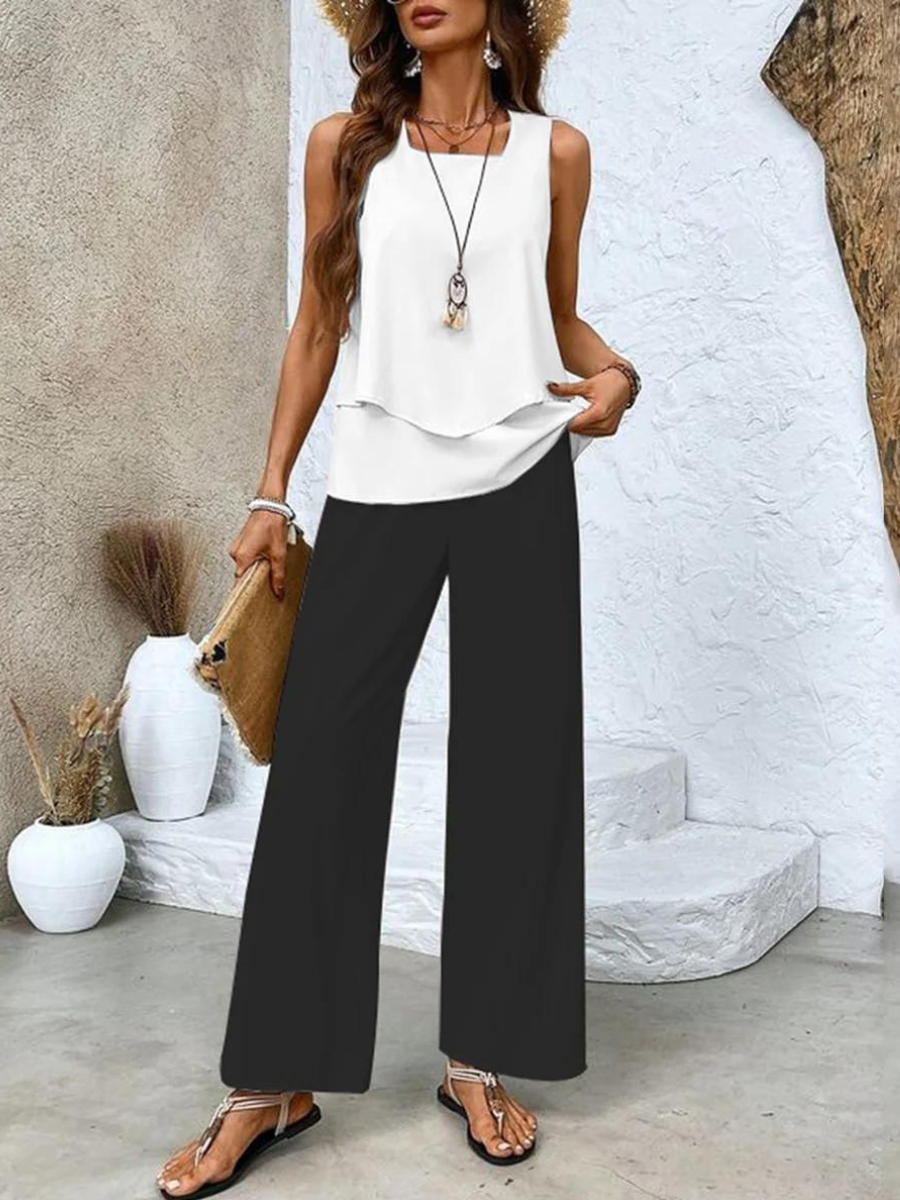 Ela Set | Zweiteiler mit Ärmellosem Top und Weiter Palazzo Hose mit Blättermuster