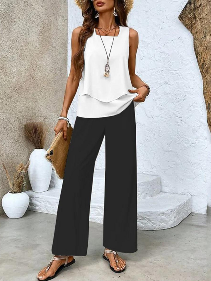 Ela Set | Zweiteiler mit Ärmellosem Top und Weiter Palazzo Hose mit Blättermuster