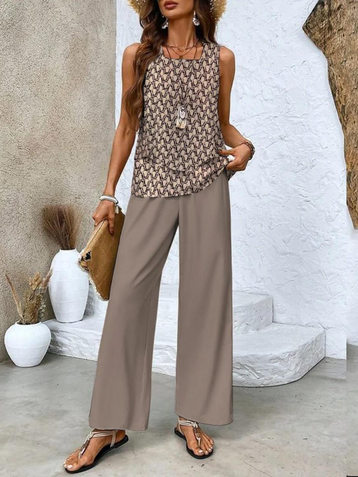 Ela Set | Zweiteiler mit Ärmellosem Top und Weiter Palazzo Hose mit Blättermuster