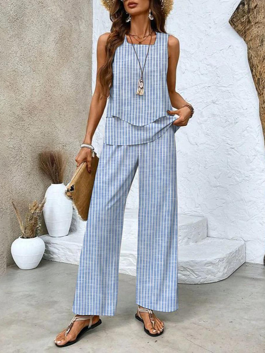 Ela Set | Zweiteiler mit Ärmellosem Top und Weiter Palazzo Hose mit Blättermuster