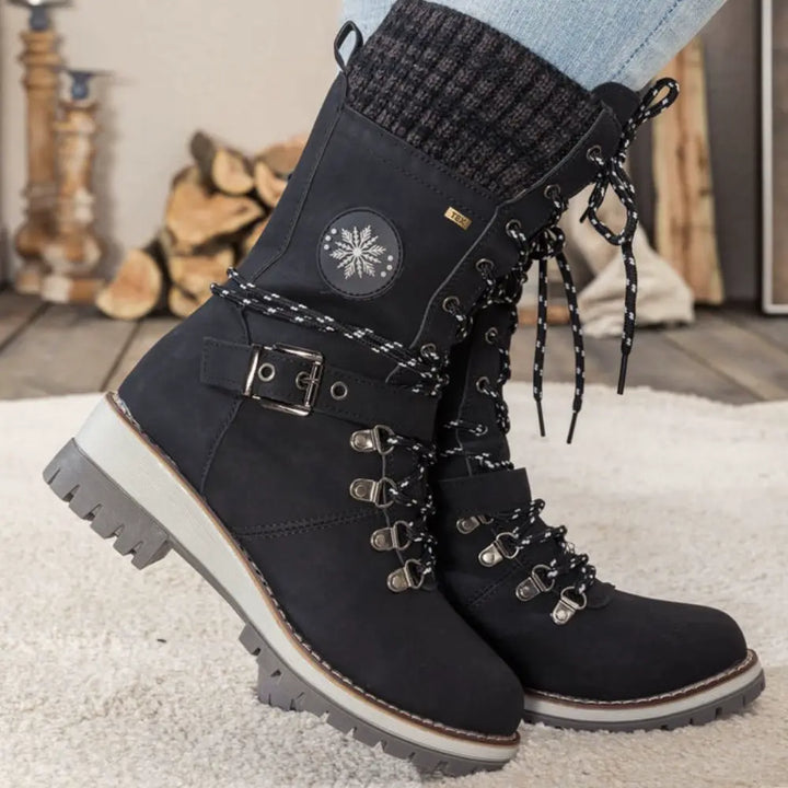 Gefütterte Winterstiefel Damen - Bequeme Schnürboots mit Plateau-Sohle & Strickbund