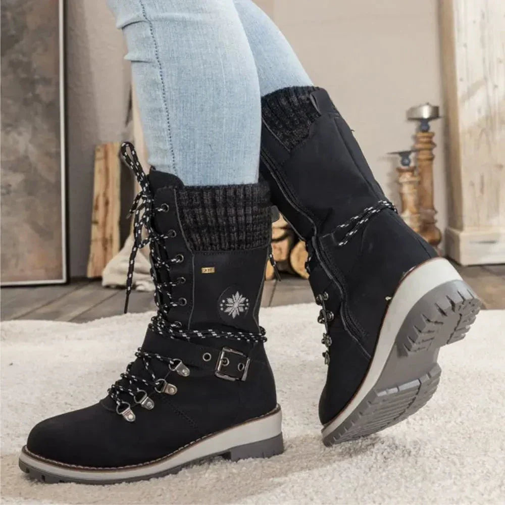 Gefütterte Winterstiefel Damen - Bequeme Schnürboots mit Plateau-Sohle & Strickbund