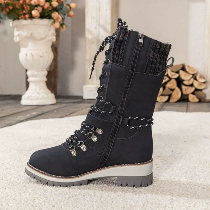 Gefütterte Winterstiefel Damen - Bequeme Schnürboots mit Plateau-Sohle & Strickbund