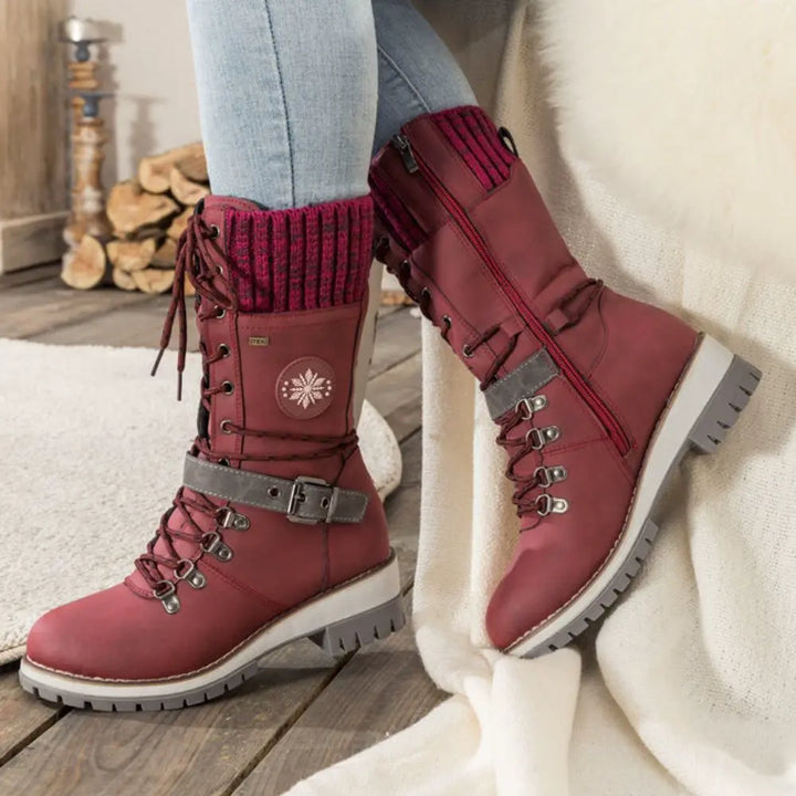 Gefütterte Winterstiefel Damen - Bequeme Schnürboots mit Plateau-Sohle & Strickbund