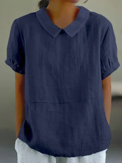 Damen Leinen Bluse Hellblau | Kurzarm Shirt mit Bubikragen