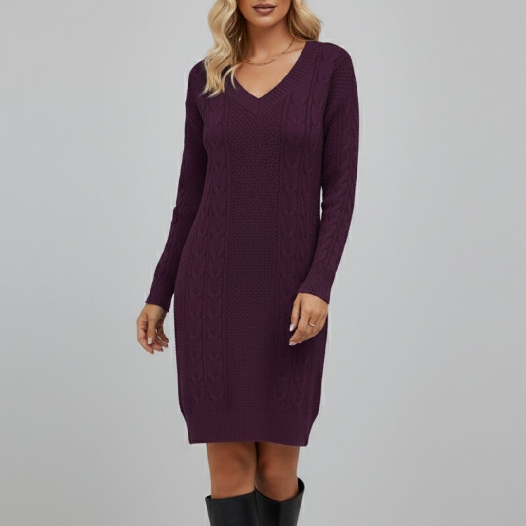 Strickkleid mit Zopfmuster & V-Ausschnitt für Damen - Langarm Pulloverkleid Mini - Casual für Herbst/Winter