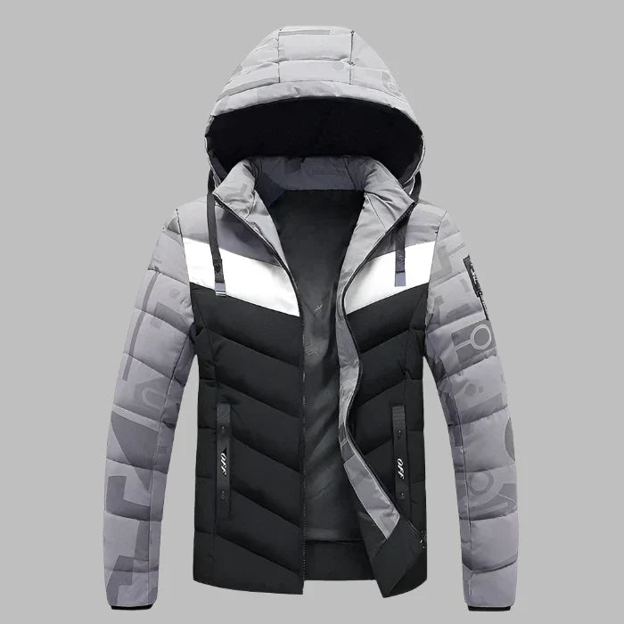 Graue und schwarze Herren-Winterjacke mit Kapuze, reflektierenden Streifen und Reißverschlüssen. Stilvolle, warme Daunenjacke für kalte Tage.